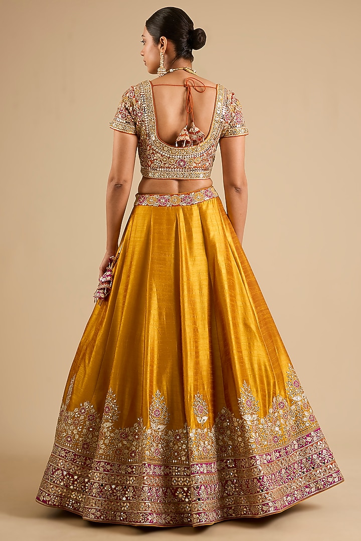 Yellow Slub Mirror Work Wedding Lehenga Set by Suhino at Pernia's Pop Up Shop