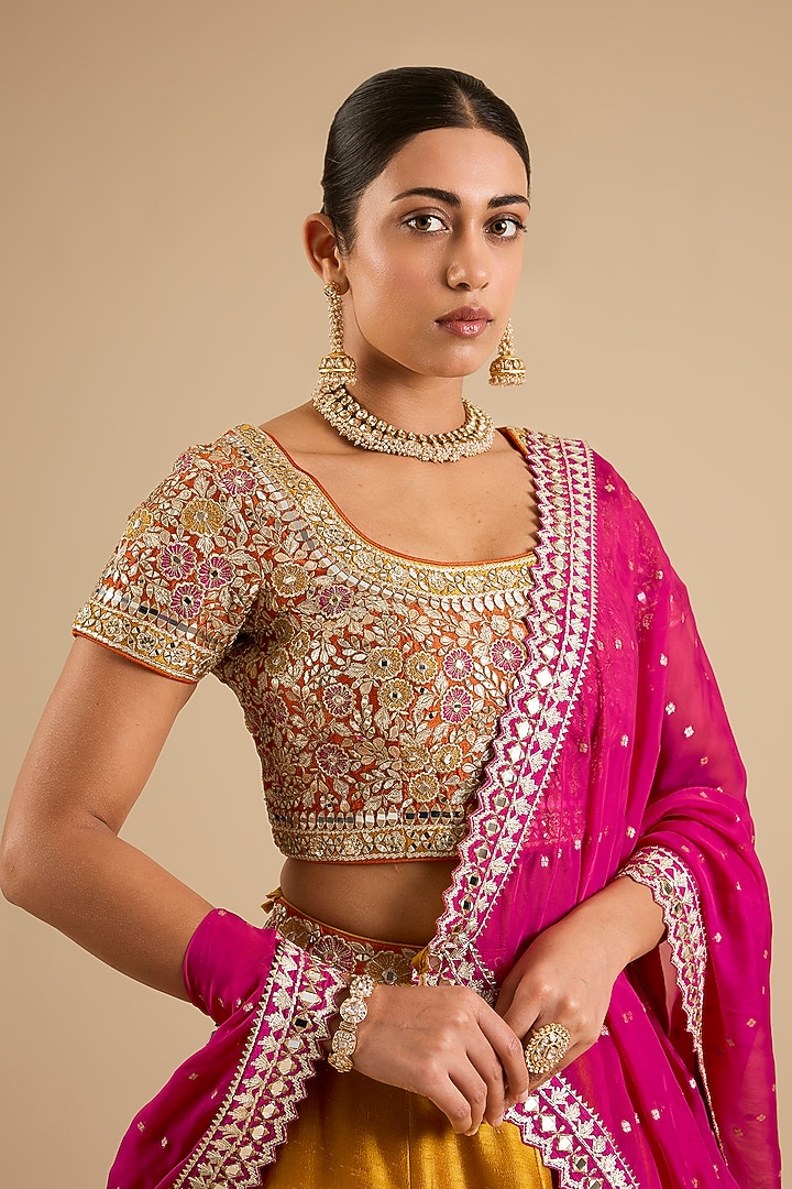 Yellow Slub Mirror Work Wedding Lehenga Set by Suhino at Pernia's Pop Up Shop