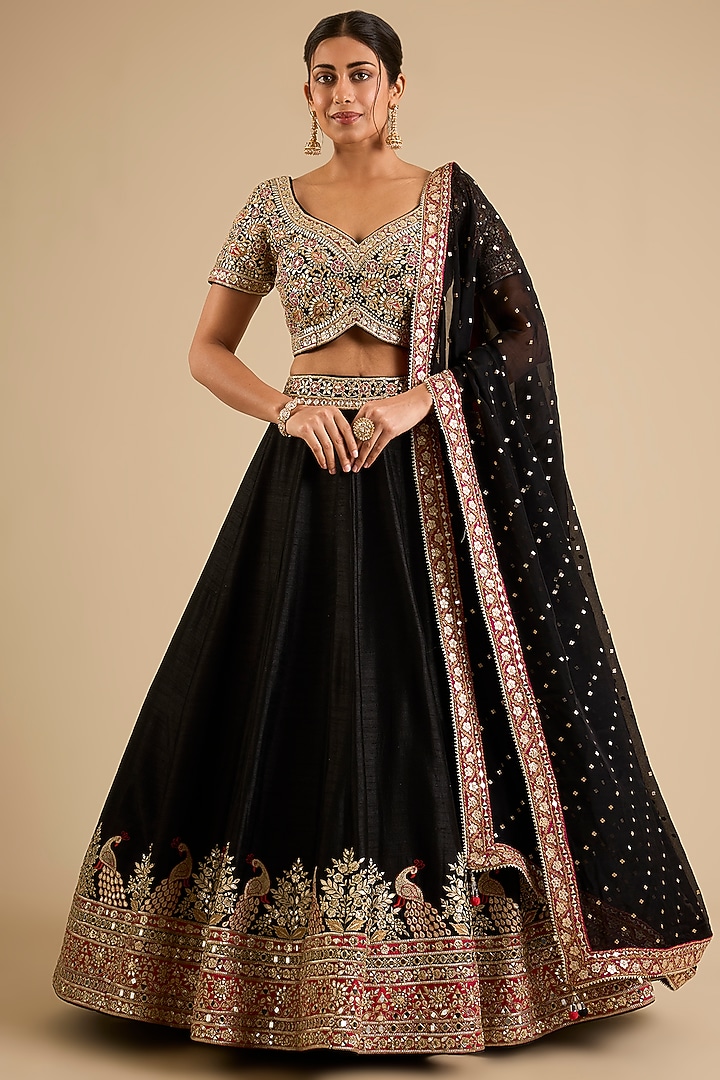 Black Slub Mirror Work Wedding Lehenga Set by Suhino at Pernia's Pop Up Shop