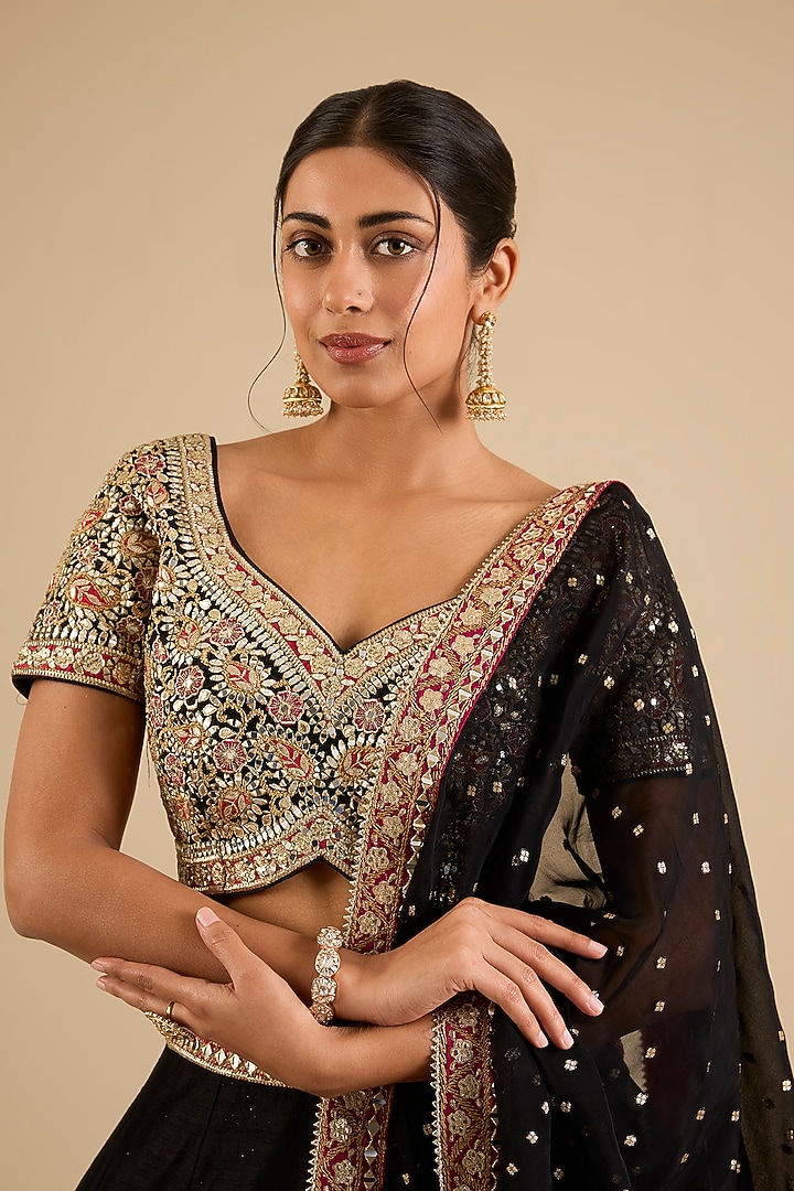Black Slub Mirror Work Wedding Lehenga Set by Suhino at Pernia's Pop Up Shop