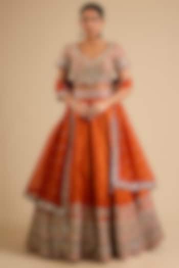 Orange Slub Mirror Work Wedding Lehenga Set by Suhino at Pernia's Pop Up Shop