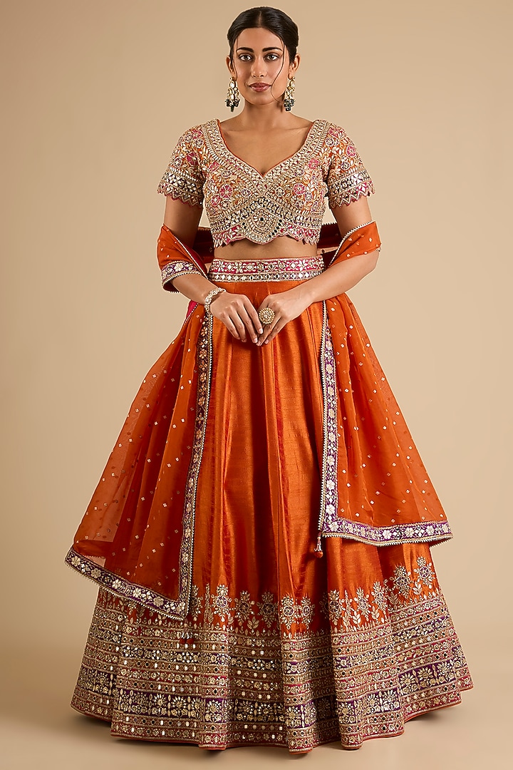 Orange Slub Mirror Work Wedding Lehenga Set by Suhino at Pernia's Pop Up Shop