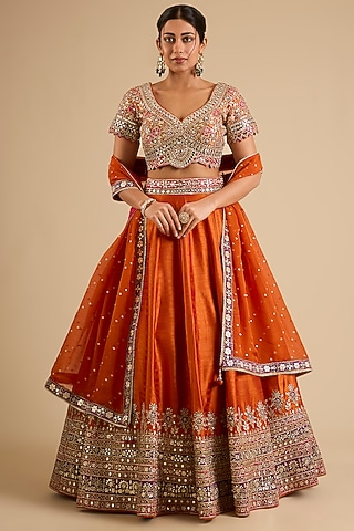Orange Slub Mirror Work Lehenga Set by Suhino