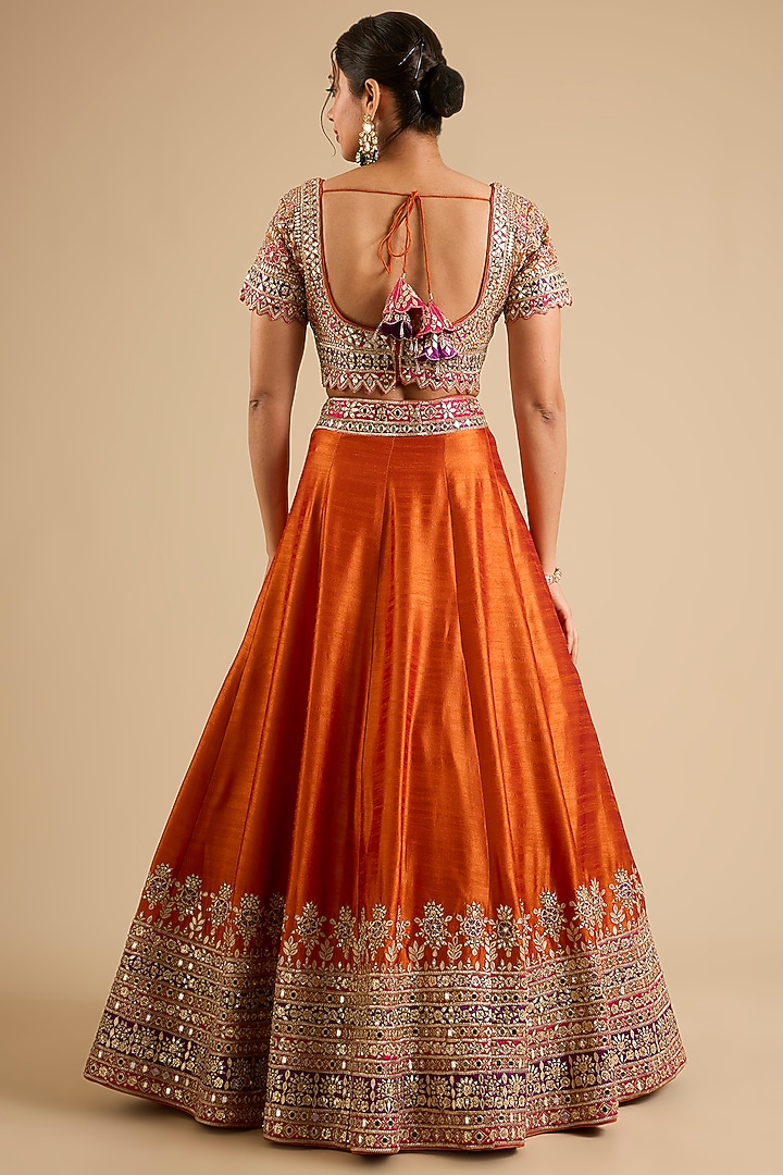 Orange Slub Mirror Work Wedding Lehenga Set by Suhino at Pernia's Pop Up Shop