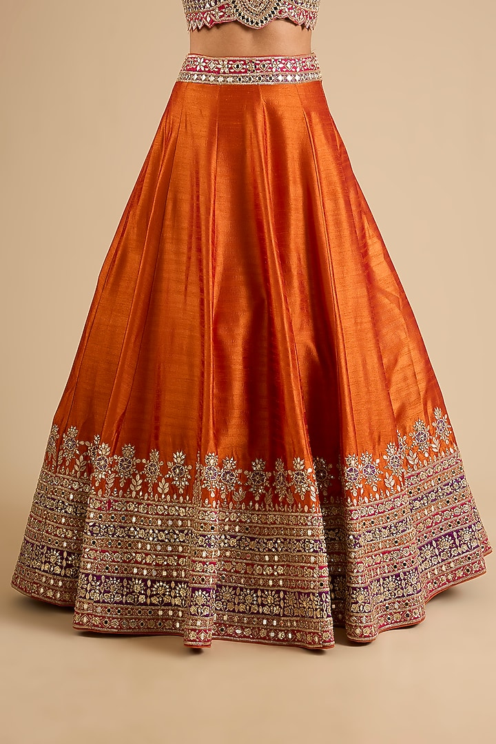 Orange Slub Mirror Work Wedding Lehenga Set by Suhino at Pernia's Pop Up Shop
