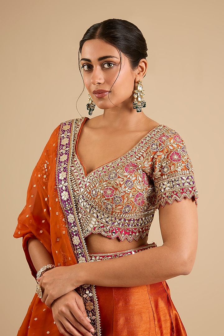 Orange Slub Mirror Work Wedding Lehenga Set by Suhino at Pernia's Pop Up Shop
