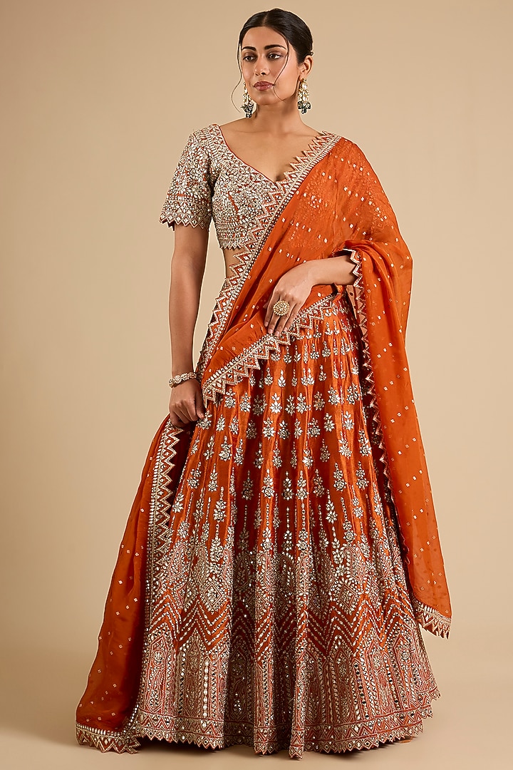 Orange Slub Mirror Work Wedding Lehenga Set by Suhino at Pernia's Pop Up Shop