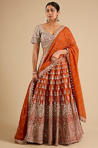 Orange Slub Mirror Work Lehenga Set by Suhino