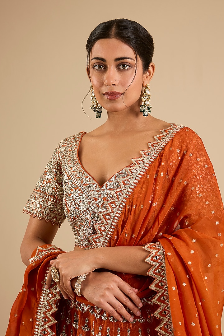 Orange Slub Mirror Work Wedding Lehenga Set by Suhino at Pernia's Pop Up Shop