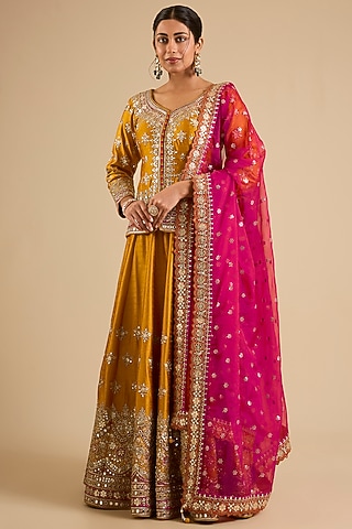 Yellow Slub Mirror Work Lehenga Set by Suhino
