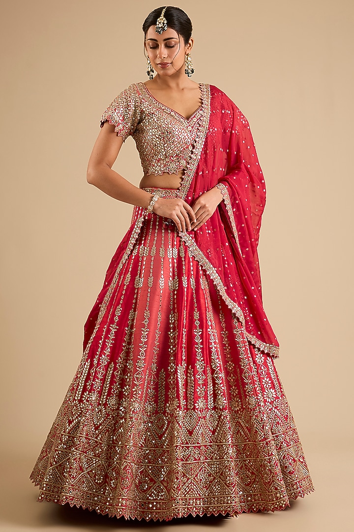 Pink Taffeta Mirror Work Wedding Lehenga Set by Suhino at Pernia's Pop Up Shop