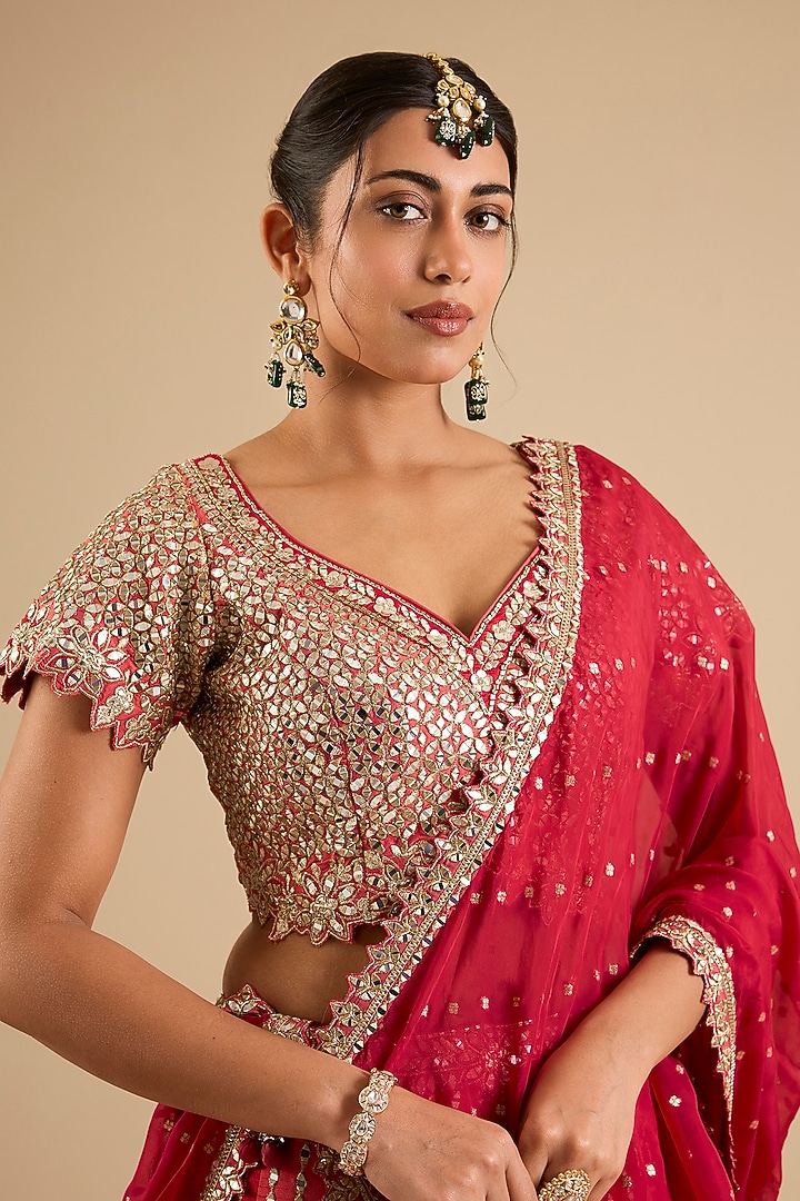Pink Taffeta Mirror Work Wedding Lehenga Set by Suhino at Pernia's Pop Up Shop