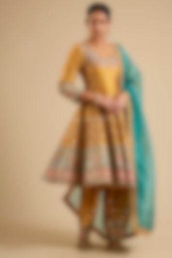Yellow Slub Mirror Work Wedding Anarkali Set by Suhino at Pernia's Pop Up Shop