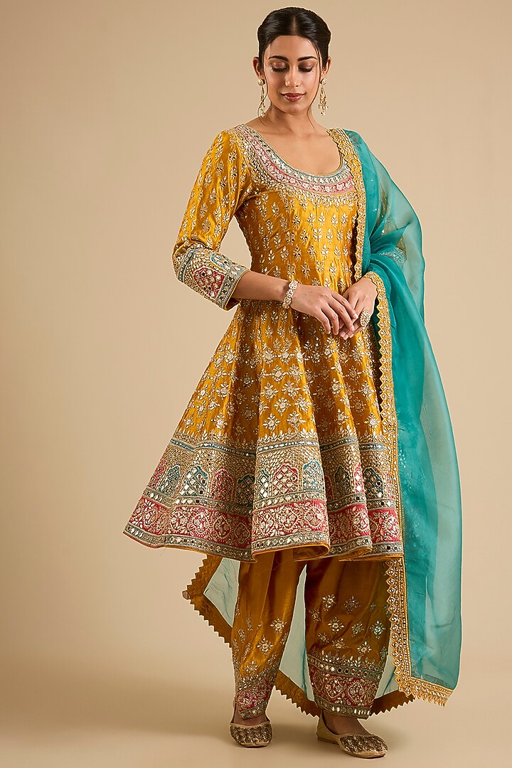 Yellow Slub Mirror Work Wedding Anarkali Set by Suhino at Pernia's Pop Up Shop
