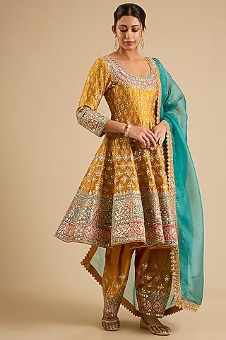 Yellow Slub Mirror Work Anarkali Set by Suhino