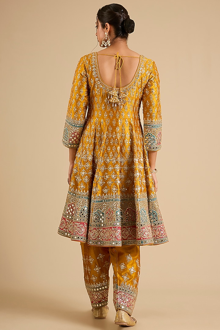 Yellow Slub Mirror Work Wedding Anarkali Set by Suhino at Pernia's Pop Up Shop