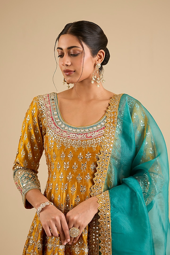 Yellow Slub Mirror Work Wedding Anarkali Set by Suhino at Pernia's Pop Up Shop