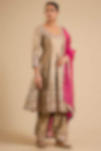 Champagne Slub Mirror Work Wedding Anarkali Set by Suhino at Pernia's Pop Up Shop