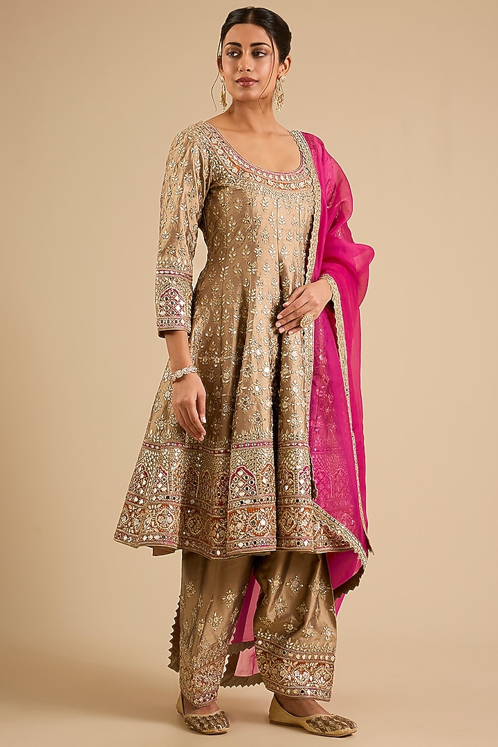 Champagne Slub Mirror Work Wedding Anarkali Set by Suhino at Pernia's Pop Up Shop