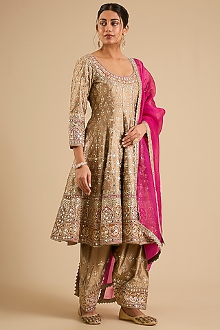 Champagne Slub Mirror Work Anarkali Set by Suhino