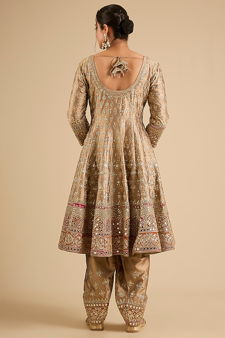 Champagne Slub Mirror Work Wedding Anarkali Set by Suhino at Pernia's Pop Up Shop