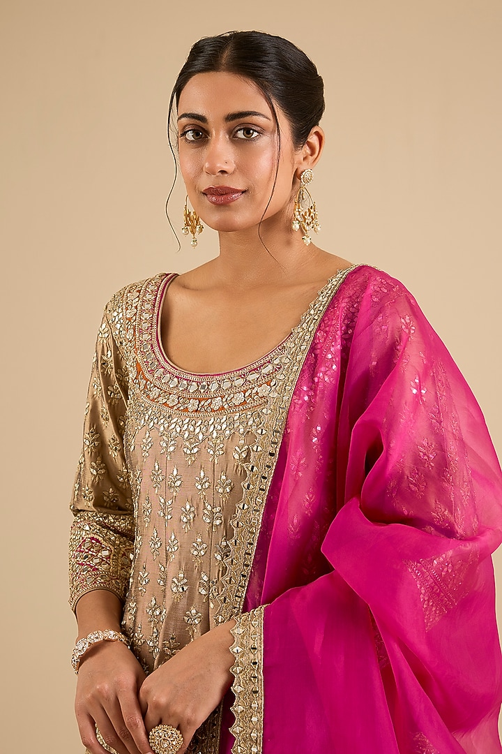 Champagne Slub Mirror Work Wedding Anarkali Set by Suhino at Pernia's Pop Up Shop