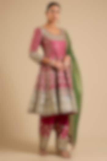Pink Slub Mirror Work Wedding Anarkali Set by Suhino at Pernia's Pop Up Shop
