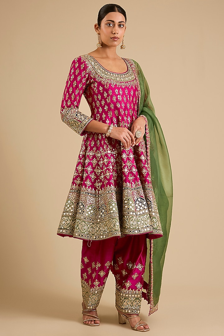 Pink Slub Mirror Work Wedding Anarkali Set by Suhino at Pernia's Pop Up Shop