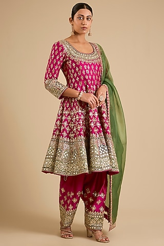 Pink Slub Mirror Work Anarkali Set by Suhino