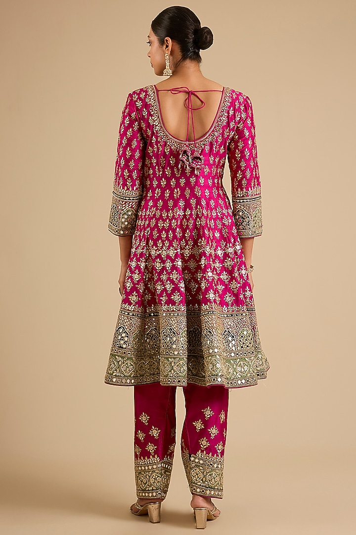 Pink Slub Mirror Work Wedding Anarkali Set by Suhino at Pernia's Pop Up Shop