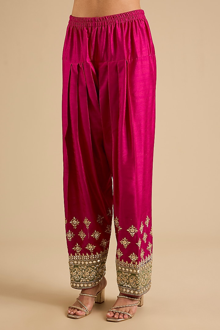 Pink Slub Mirror Work Wedding Anarkali Set by Suhino at Pernia's Pop Up Shop