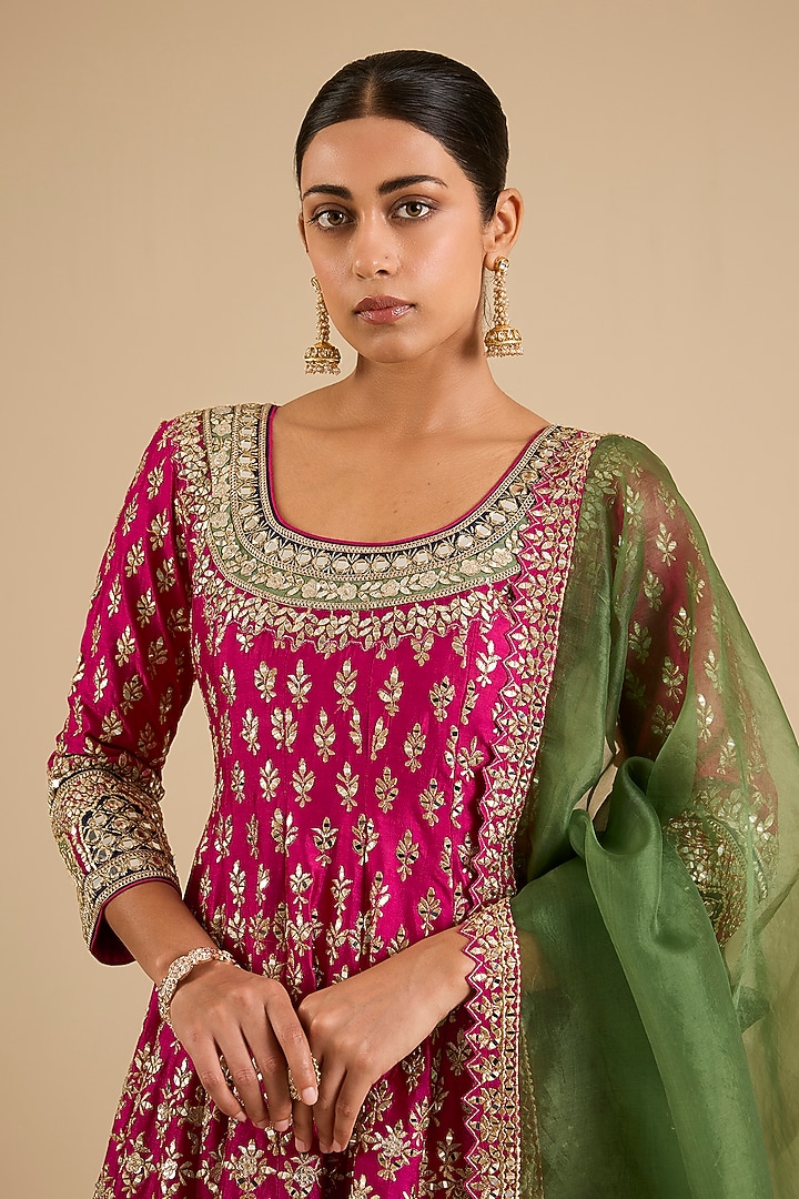 Pink Slub Mirror Work Wedding Anarkali Set by Suhino at Pernia's Pop Up Shop