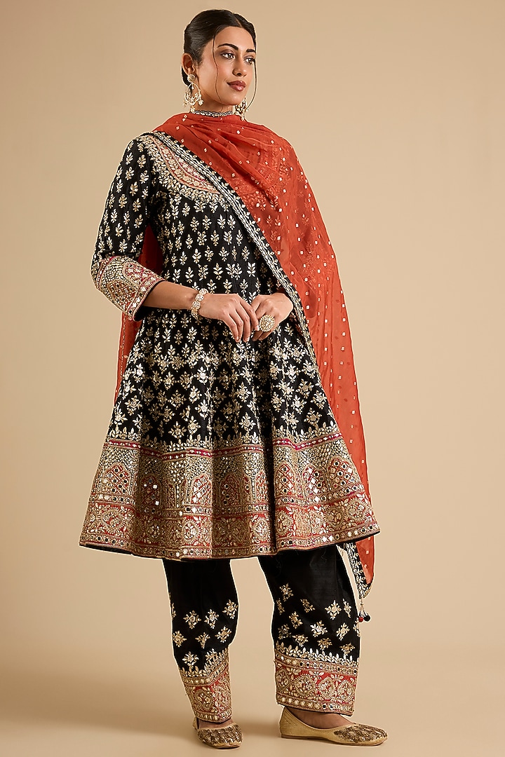 Black Slub Mirror Work Wedding Anarkali Set by Suhino at Pernia's Pop Up Shop