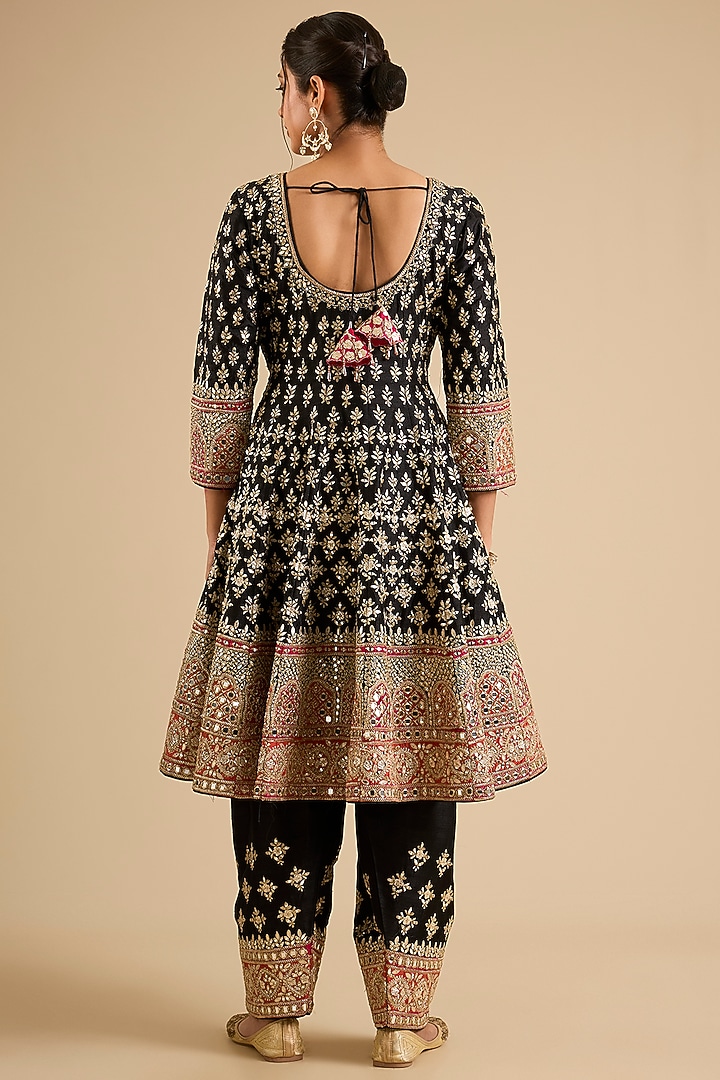 Black Slub Mirror Work Wedding Anarkali Set by Suhino at Pernia's Pop Up Shop