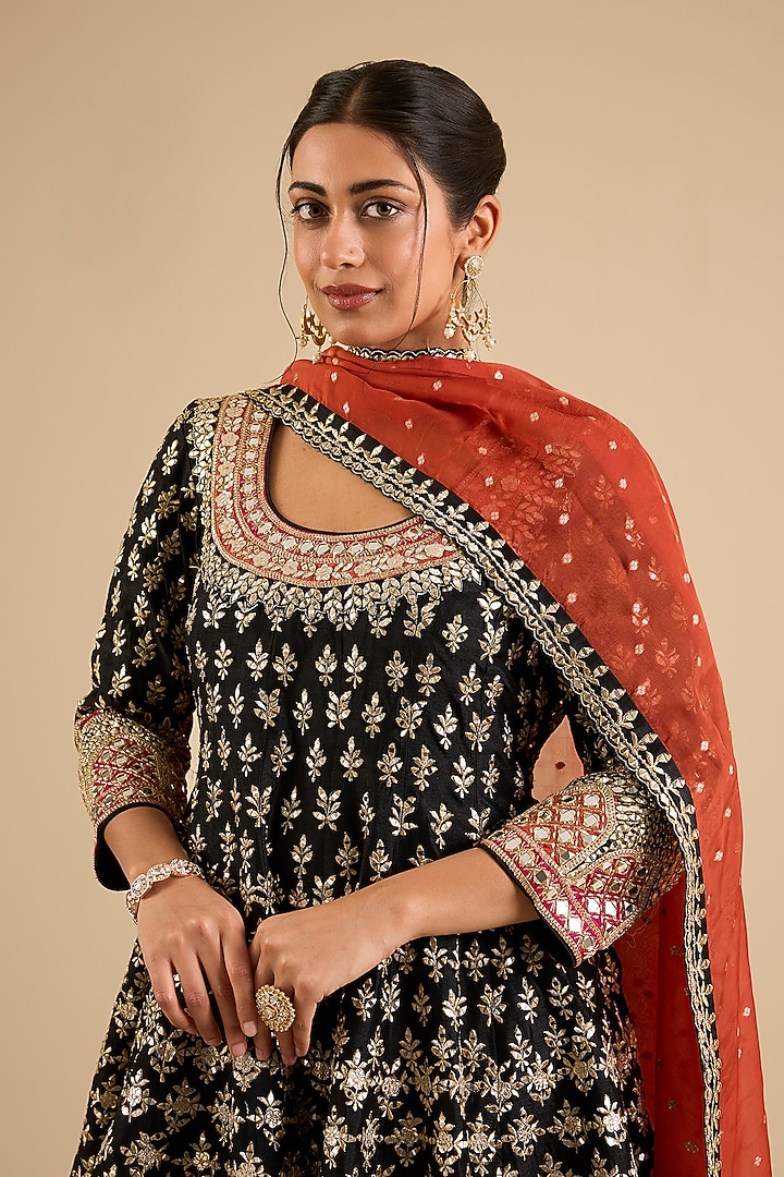 Black Slub Mirror Work Wedding Anarkali Set by Suhino at Pernia's Pop Up Shop