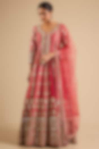 Pink Slub Mirror Work Wedding Anarkali Set by Suhino at Pernia's Pop Up Shop