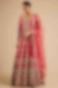 Pink Slub Mirror Work Anarkali Set by Suhino