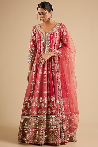 Pink Slub Mirror Work Anarkali Set by Suhino