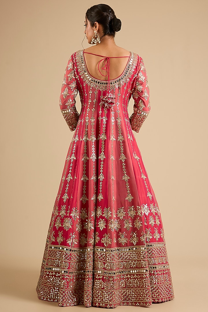 Pink Slub Mirror Work Wedding Anarkali Set by Suhino at Pernia's Pop Up Shop