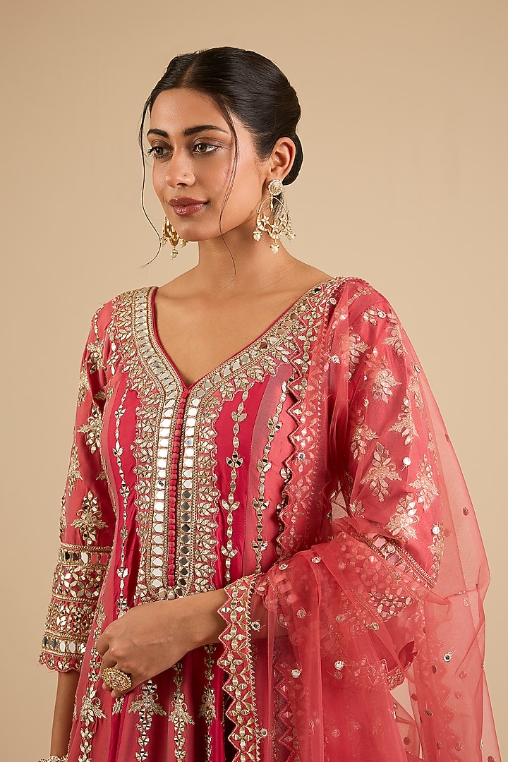 Pink Slub Mirror Work Wedding Anarkali Set by Suhino at Pernia's Pop Up Shop