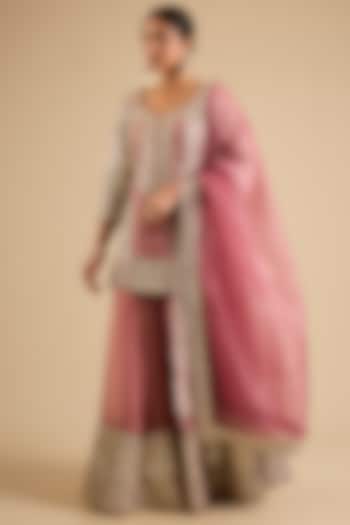 Coral Tissue Mirror Work Wedding Sharara Set by Suhino at Pernia's Pop Up Shop