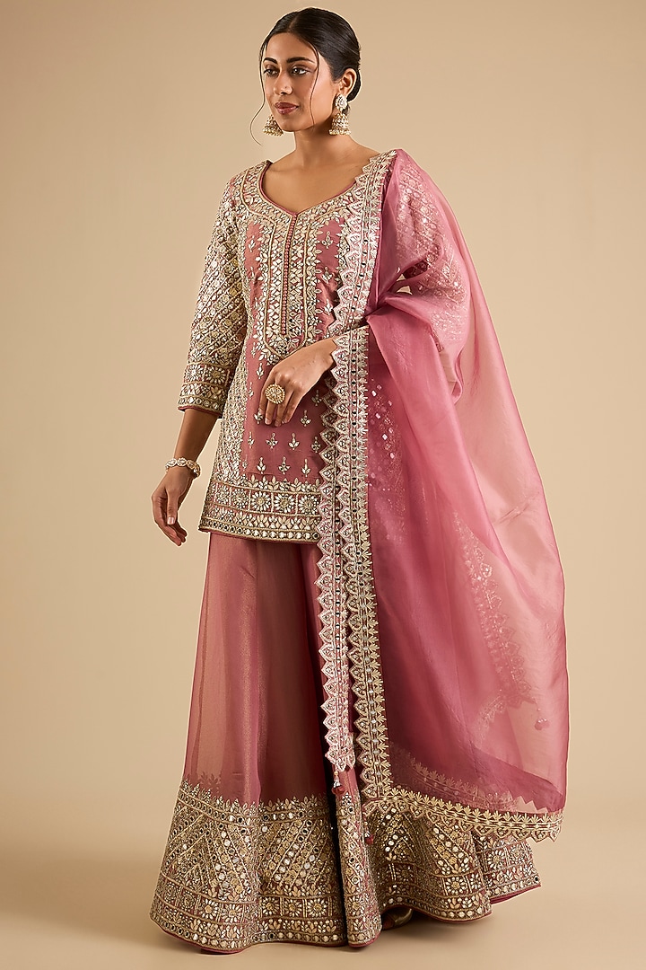 Coral Tissue Mirror Work Wedding Sharara Set by Suhino at Pernia's Pop Up Shop