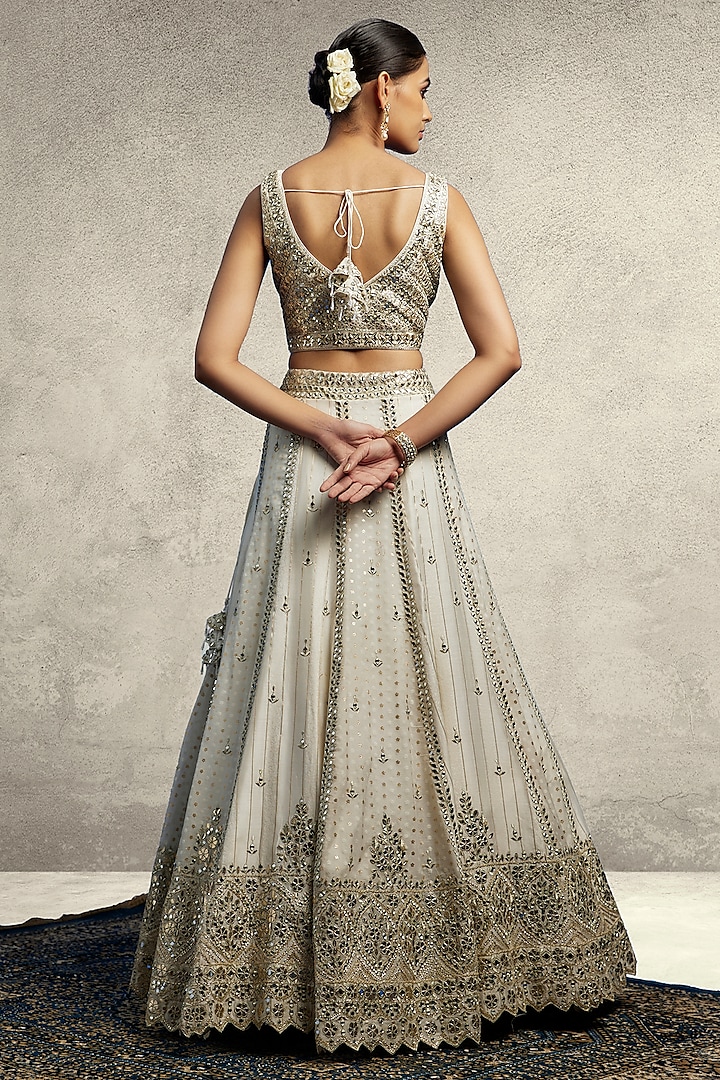 White Chanderi Silk Mirror Embroidered Wedding Lehenga Set by Suhino at Pernia's Pop Up Shop