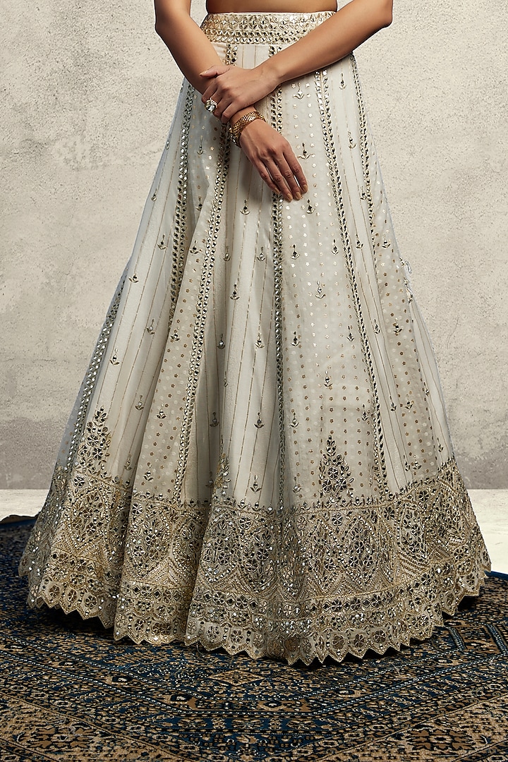 White Chanderi Silk Mirror Embroidered Wedding Lehenga Set by Suhino at Pernia's Pop Up Shop