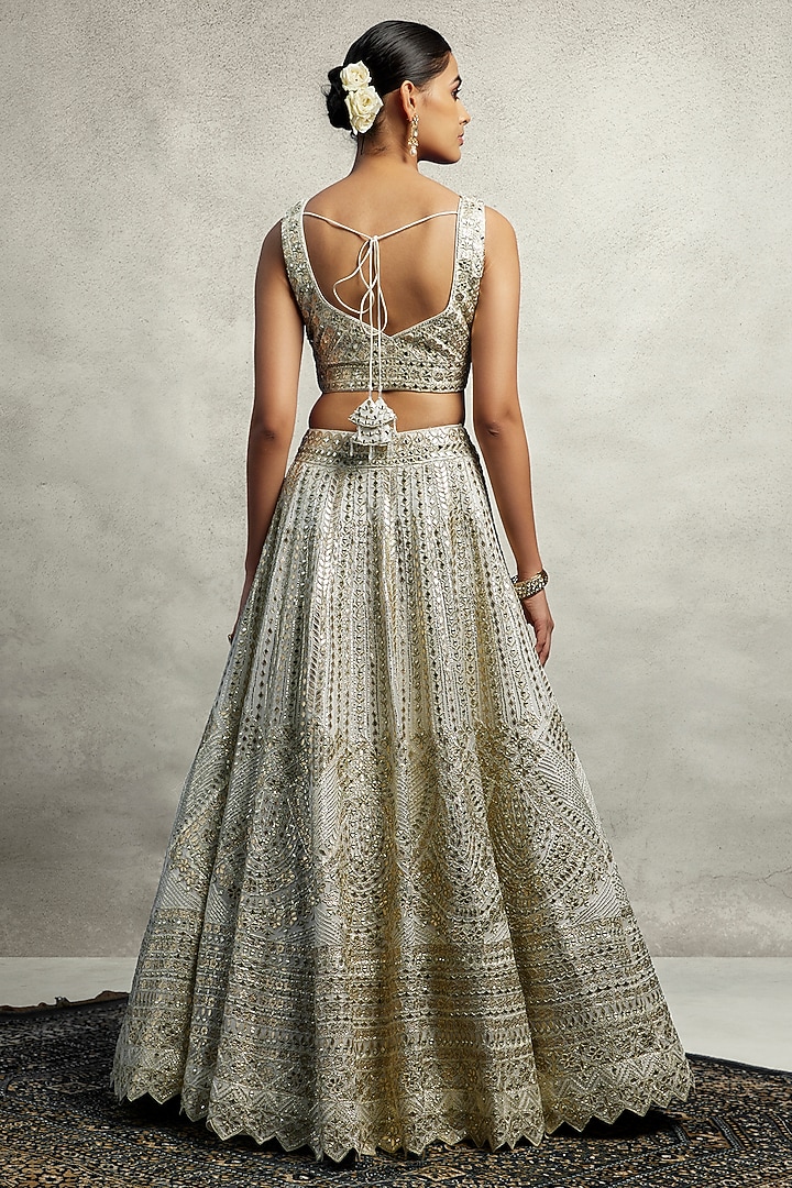 White Organza Mirror Embroidered Wedding Lehenga Set by Suhino at Pernia's Pop Up Shop