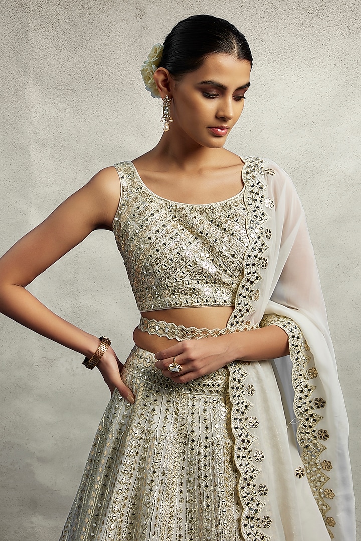 White Organza Mirror Embroidered Wedding Lehenga Set by Suhino at Pernia's Pop Up Shop