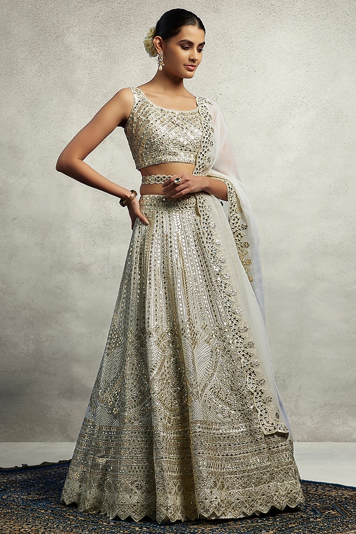 White Organza Mirror Embroidered Wedding Lehenga Set by Suhino at Pernia's Pop Up Shop