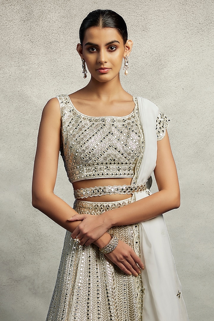 White Organza Mirror Embroidered Wedding Lehenga Set by Suhino at Pernia's Pop Up Shop