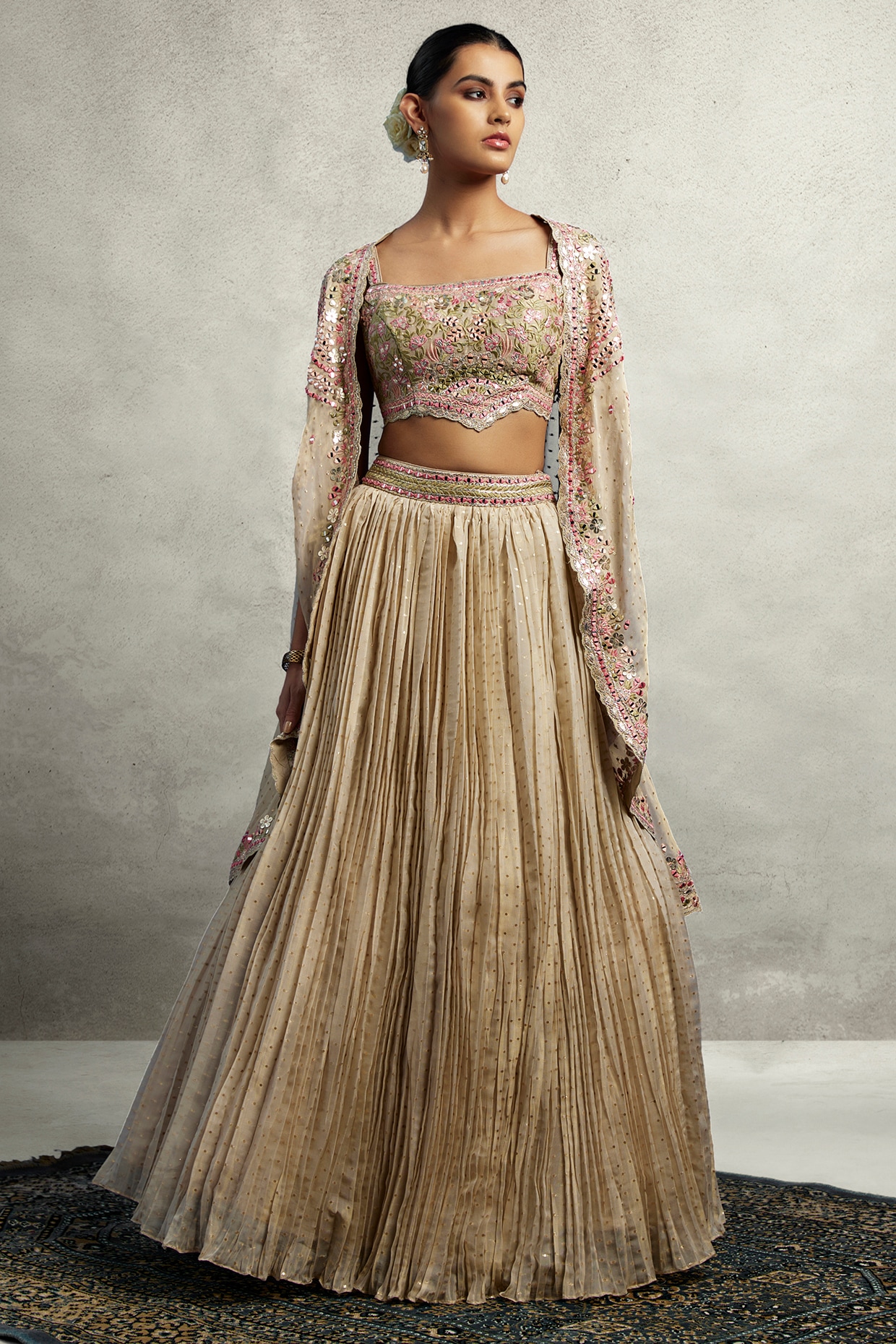Ivory Tissue Zari Embroidered Jacket Wedding Lehenga Set by Suhino