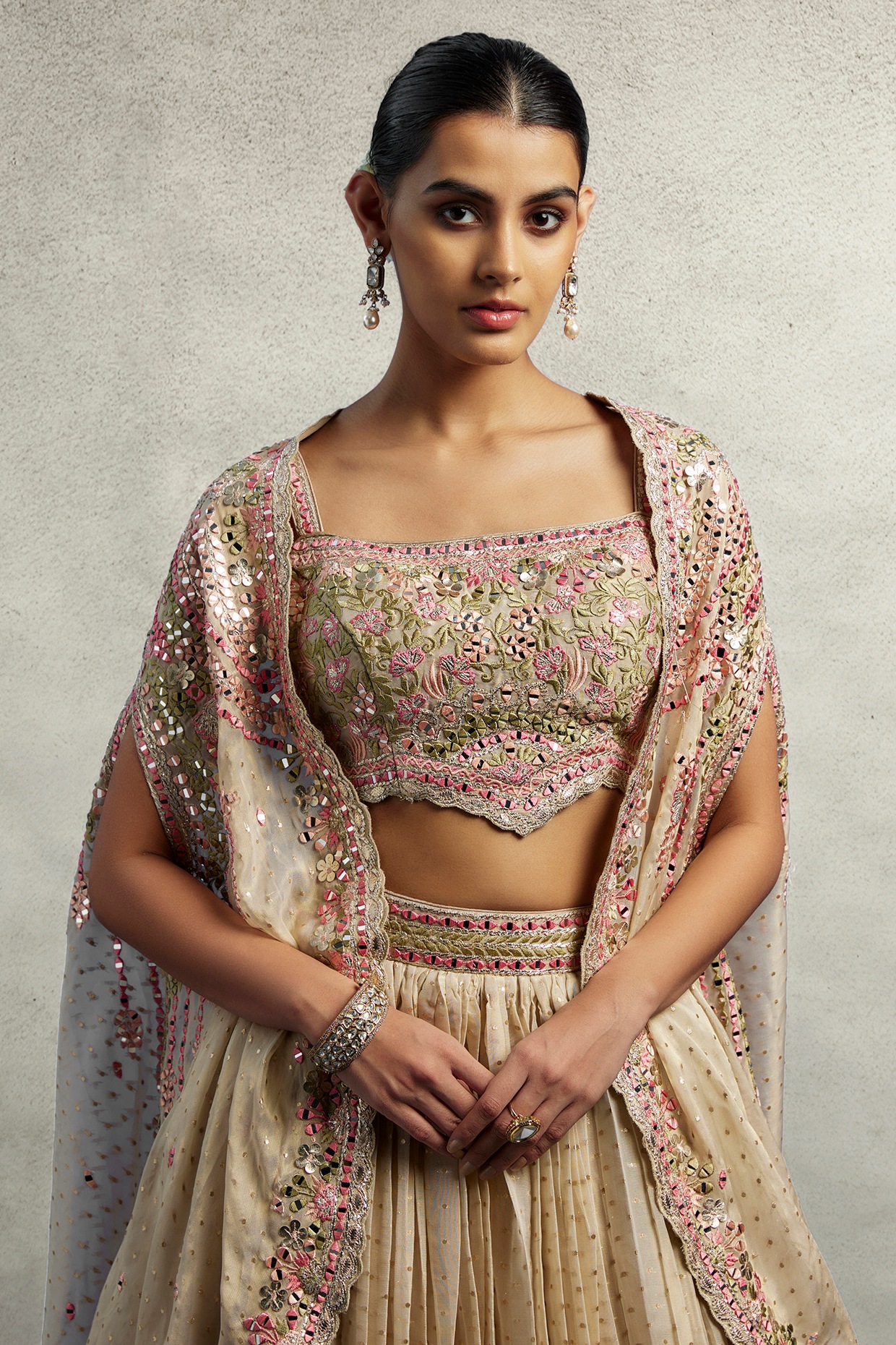Ivory Tissue Zari Embroidered Jacket Wedding Lehenga Set by Suhino